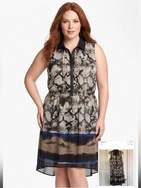 Size 16 Michel Studio Black and Blue Patterned Midi Dress Plus Size